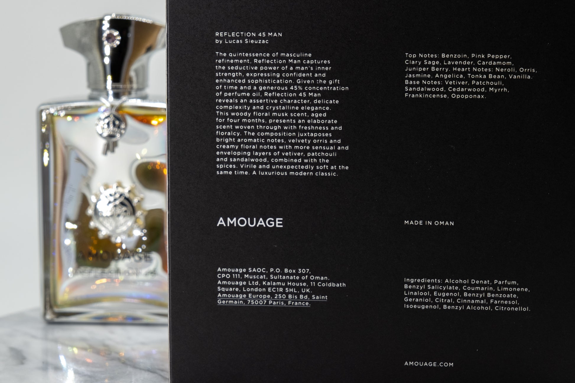 Amouage Reflection 45 box notes and information